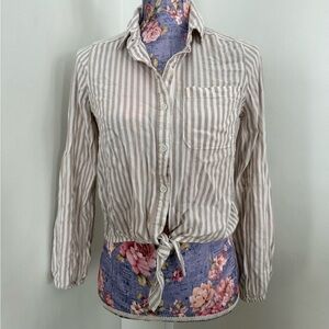 Aeropostale Beige and White Striped Button-Down Knot Shirt